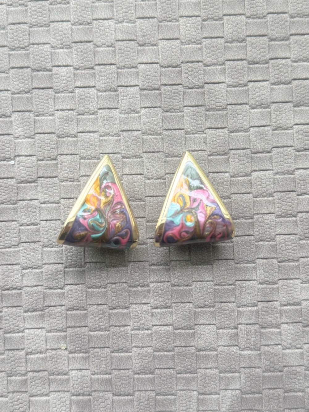 Vintage gold‎ tone Colorful Swirl Triangle earrings
